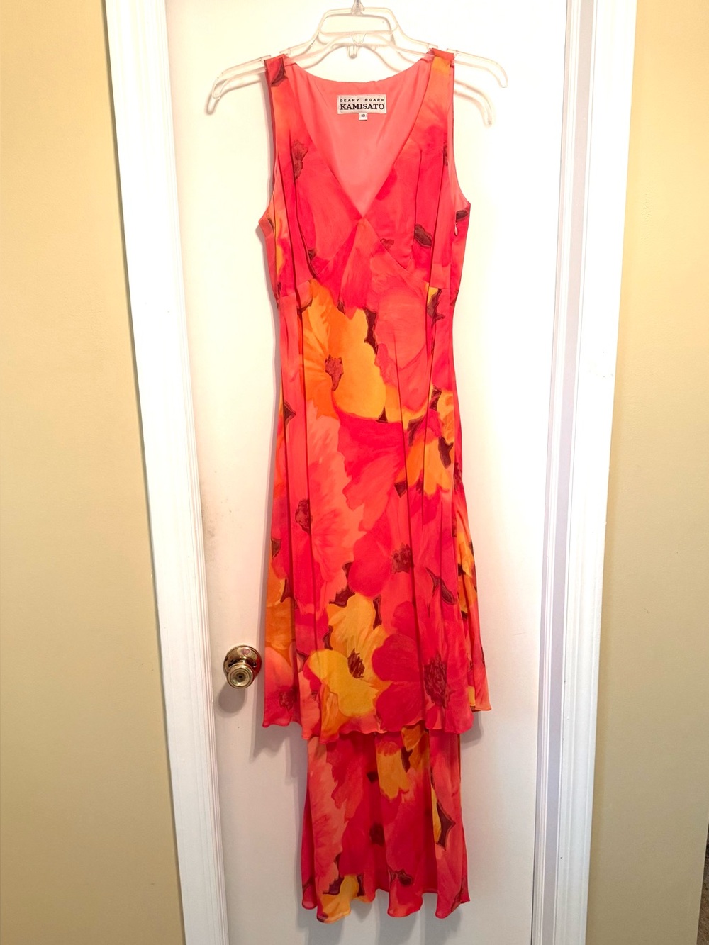 Geary Roark Kamisato Floral High-Low V-Neck Maxi Dress in Pink & Yellow